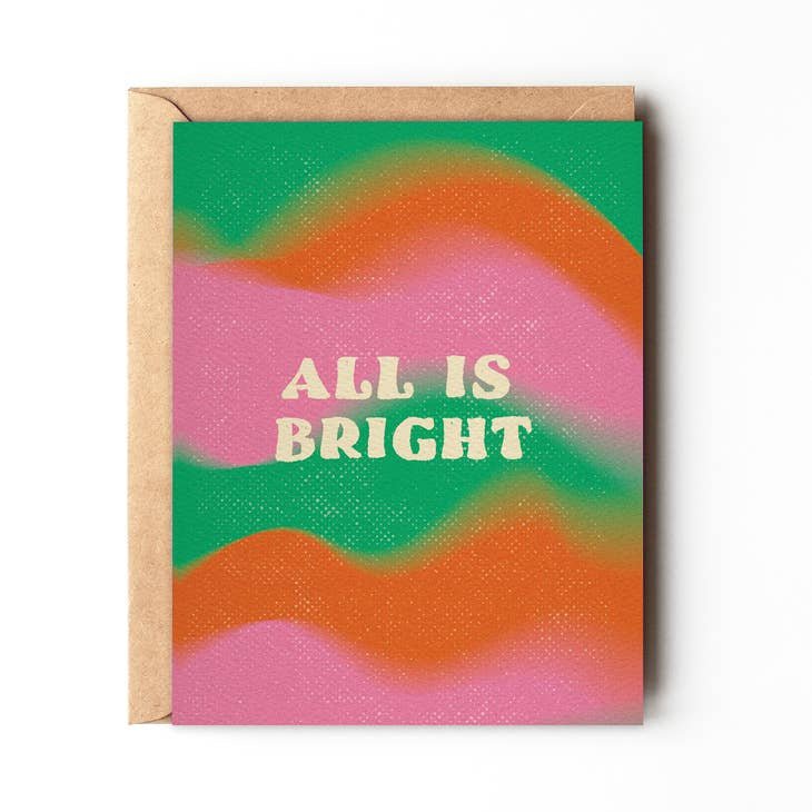 Send festive cheer with the All Is Bright card from Daydream Printsāfeaturing āALL IS BRIGHTā on a green, pink, and orange wavy background and paired with a recycled envelope. A colorful modern Christmas card perfect for the season.