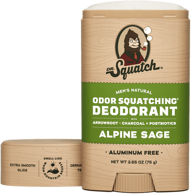 Dr.Squatch Alpine Sage Deodorant blends natural sage, cypress, and patchouli. Aluminum free, it uses arrowroot, charcoal, and postbiotics for odor-fighting freshness—crafted just for men.