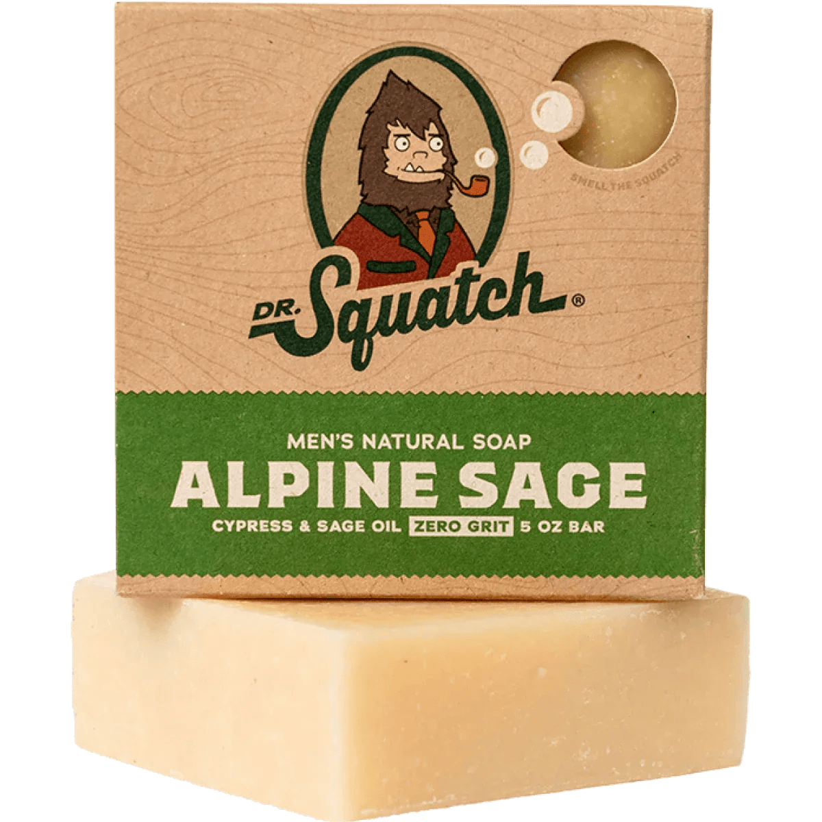A 5 oz box and bar of Dr.Squatch Alpine Sage Soap, made with cypress and sage oils for a fresh, earthy scent. This zero-grit men’s soap leaves you clean and revitalized.