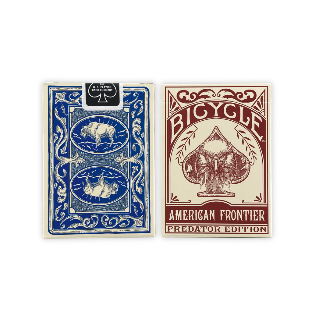 The Mollyjogger American Frontier Two Deck Card Set features unique wildlife designs: one blue box with a hand-drawn buffalo and coyote, and one cream/red Bicycle Predator Edition—perfect for any playing card collection.