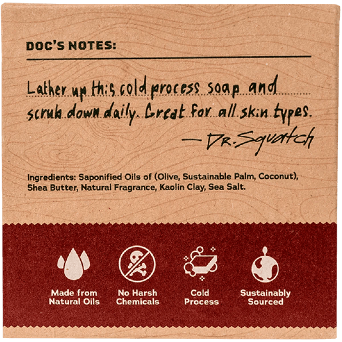 The Dr. Squatch Bay Rum Soap label recommends daily use for all skin types; icons below show cinnamon and citrus oils, no harsh chemicals, cold process method, and sustainable sourcing.