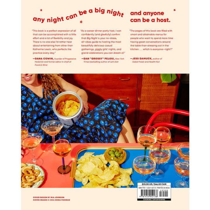 A woman in a blue dress enjoys chips and drinks at a table with red furniture, surrounded by book blurbs from "Big Night | Dinners, Parties, and Dinner Parties" by Union Square and Co.—ideal inspiration for home entertaining.