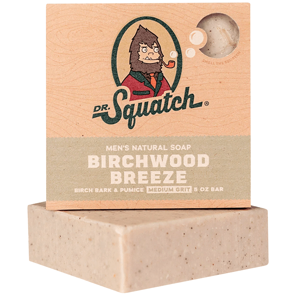 Dr.Squatch Birchwood Breeze Soap (5 oz) features birch bark, pumice, medium grit, and a fresh woody scent with a crisp finish.