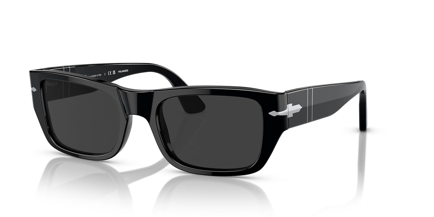 Persol 0PO3268S Black | Polar Black sunglasses feature thick black rectangular frames, dark lenses, and silver arrow accents on the arms for a vintage glam rock touch. Displayed on a white background.