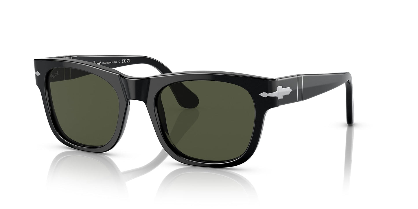 Persol 0PO3269S Black w/ Green Polar sunglasses feature a black rectangular frame, thick opaline acetate, dark lenses, and metallic arrow-shaped temple accents, displayed on a white reflective surface.