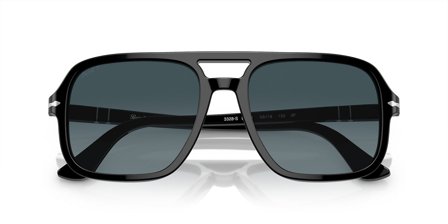 The Persol 0PO3328S sunglasses by Persol in black feature a light blue gradient dark blue lens, aviator style, double bridge, and comfortable fit, shown from the front against a white background.