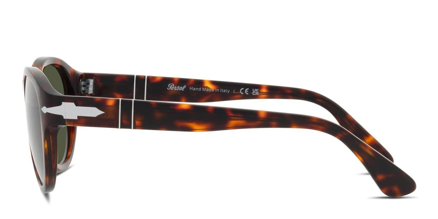 Side view of Persol 3152S sunglasses in Blue with Tortoise, featuring round acetate frames, green lenses, silver arrow accents, and branding on the temple.