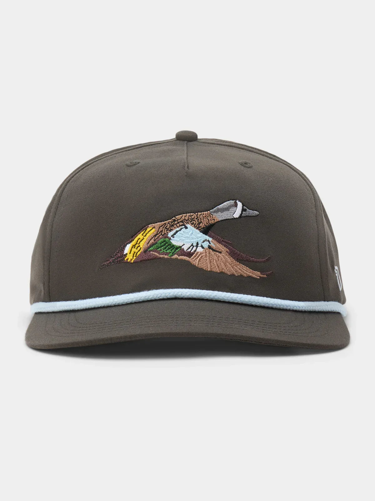 The Blue Winged Teal Hat by Duck Camp is a dark brown snapback cap with light blue trim, an embroidered flying duck on the front, and an adjustable snapback for a perfect fit.