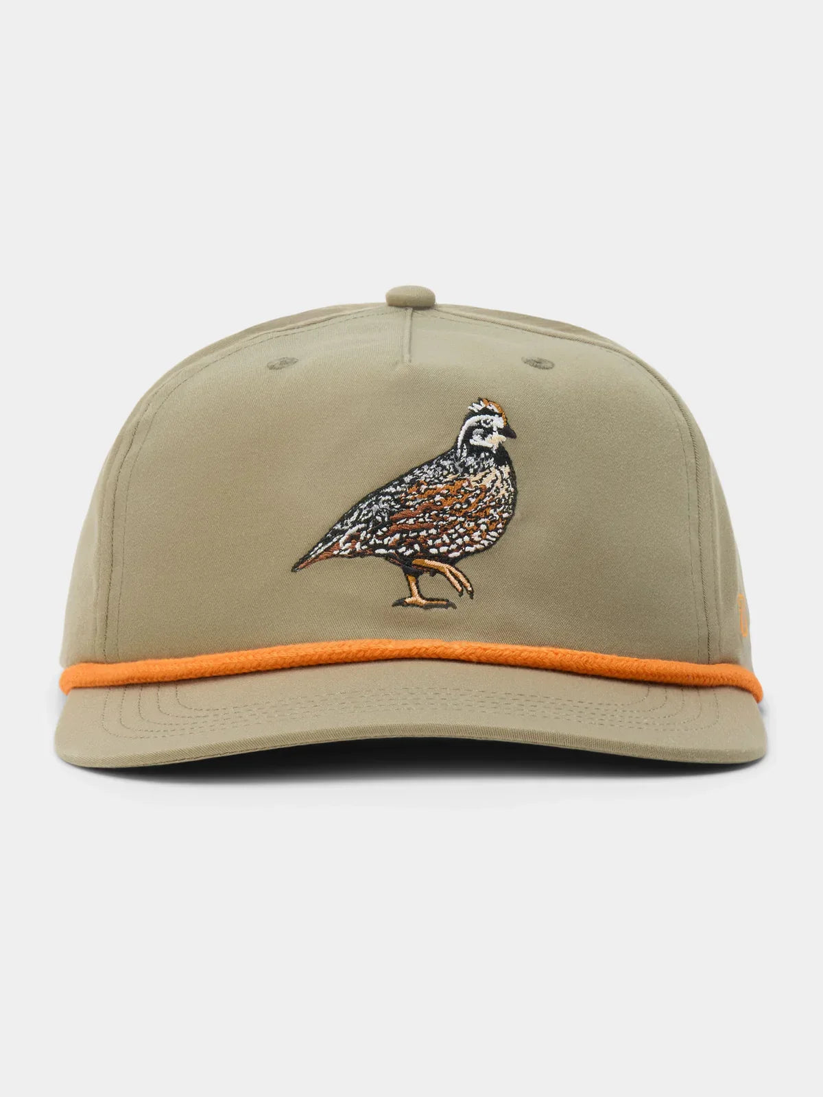 The Bobwhite Quail Hat by Duck Camp is a khaki snapback with an embroidered quail on the front, orange trim above the brim, adjustable snapback closure, and durable polyester shell.