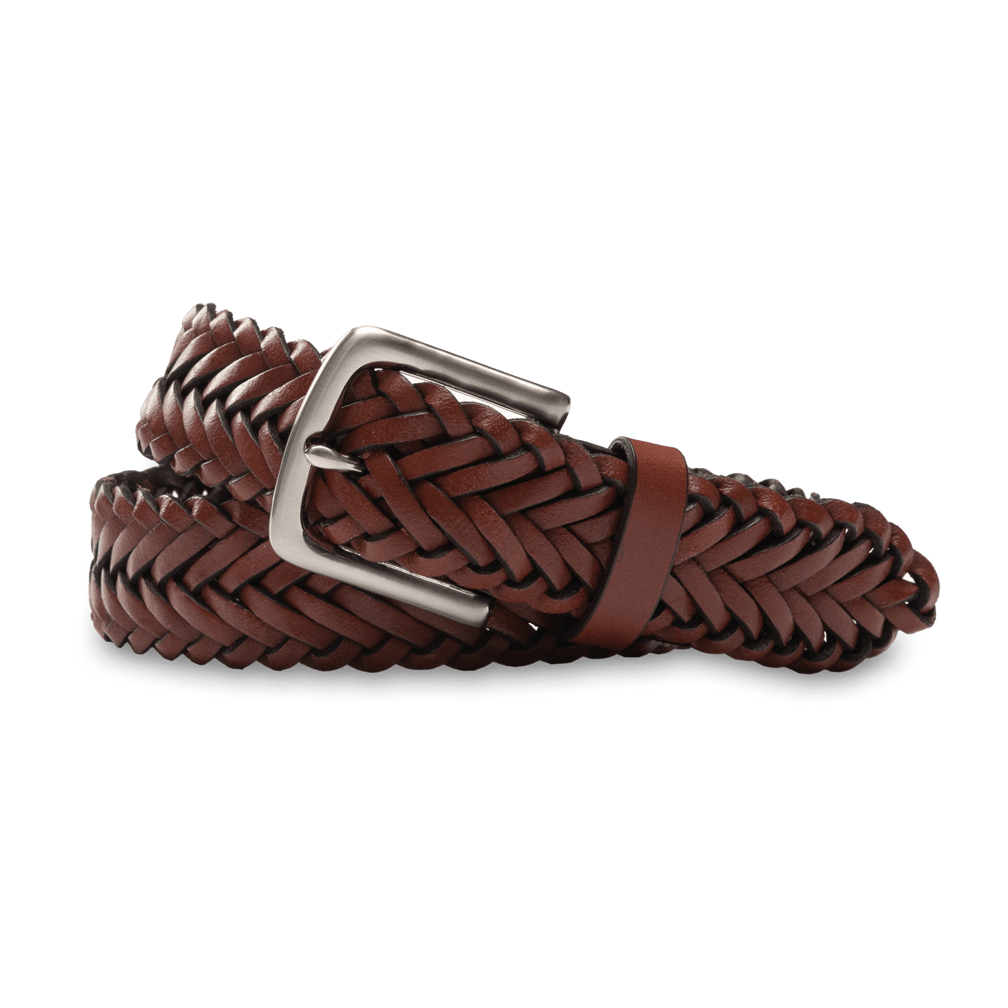 The Braided Leather Belt by Duck Head, made from brown Horween leather with a silver rectangular buckle, is shown coiled on a white background.