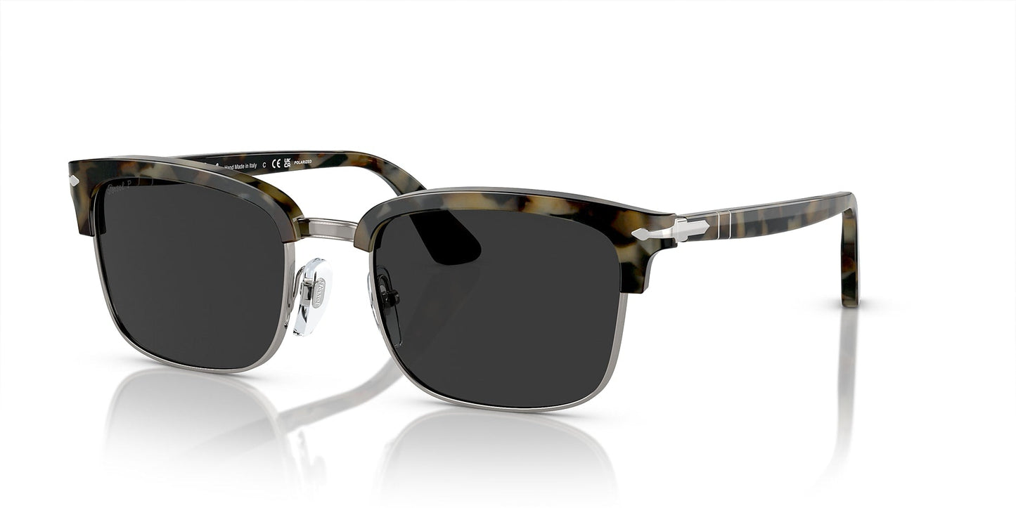 The Persol PO3327S sunglasses feature brown tortoise acetate frames and arms, a metal bridge, and black polarized rectangular lenses, shown on a white background.