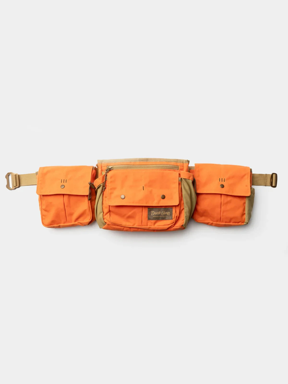 The Canvas Shell & Game Bag Set by Duck Camp features orange and tan waxed canvas, three compartments, adjustable straps, buckles, and flap closures—ideal for carrying your range essentials.