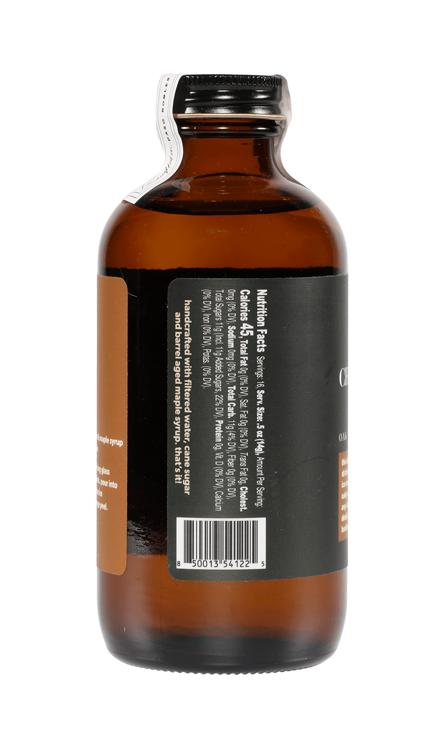 A brown glass bottle with a black label and white barcode, shown from the back, displaying nutritional facts and ingredient info for Charred Oak & Maple by Yes Cocktail Co.