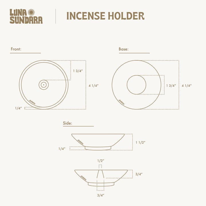 Diagram of the Chulucanas Ceramic Incense Holder Modelo Clasico by Luna Sundara, showing front, base, and side views with labeled measurements and "Luna Sundara" branding, honoring Peruvian artisan craftsmanship.