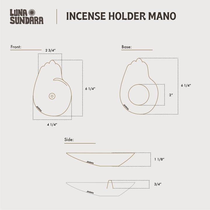 Technical diagram of the Chulucanas Ceramic Incense Holder Modelo Mano by Luna Sundara, inspired by traditional pottery. Labeled front, base, and side views display dimensions in inches. Handmade by a skilled Peruvian artisan.