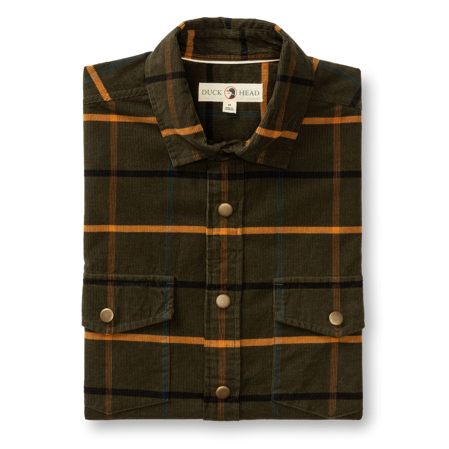 The Duck Head Corduroy Plaid Snap Shirt features green cotton corduroy with an orange and black plaid pattern, metal snap buttons, two front pockets, and classic workwear style.