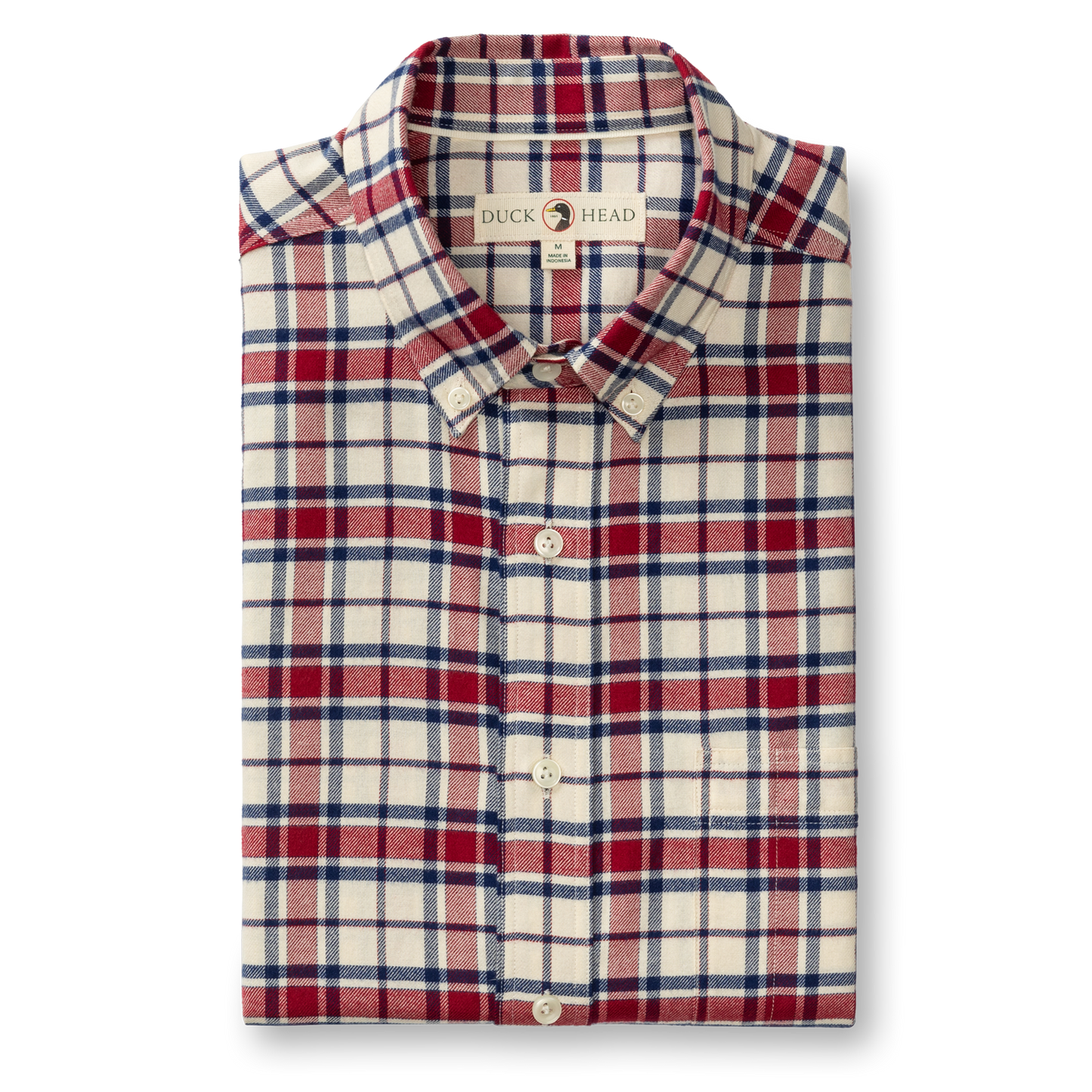The Duck Head Cotton Flannel Sport Shirt features a classic red, blue, and white plaid, long sleeves, and a front pocket—making it the perfect go-to shirt for your next fall adventure.
