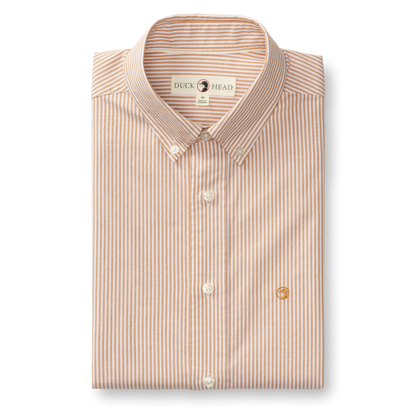 The Duck Head Cotton Oxford Sport Shirt Collins Stripe features orange and white vertical stripes, long sleeves, mechanical stretch, and an embroidered chest logo.