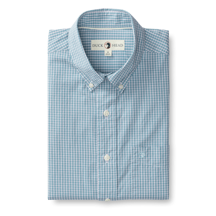 The Duck Head Cotton Poplin Sport Shirt in Ferry Plaid features blue and white checks, a button-down collar, long sleeves, and an easy-care fabric for all-day comfort and style. The "Duck Head" label is visible inside the collar.