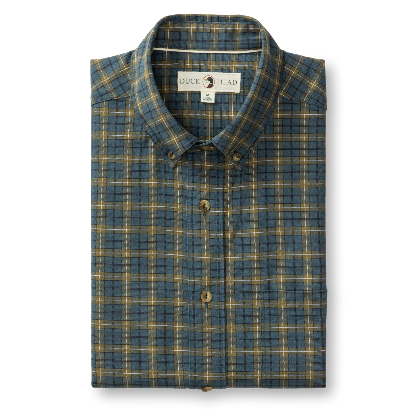 A Mercer Plaid Cotton Wool Sport Shirt by Duck Head, folded in Orion Blue and yellow, features a collar and visible brand label.