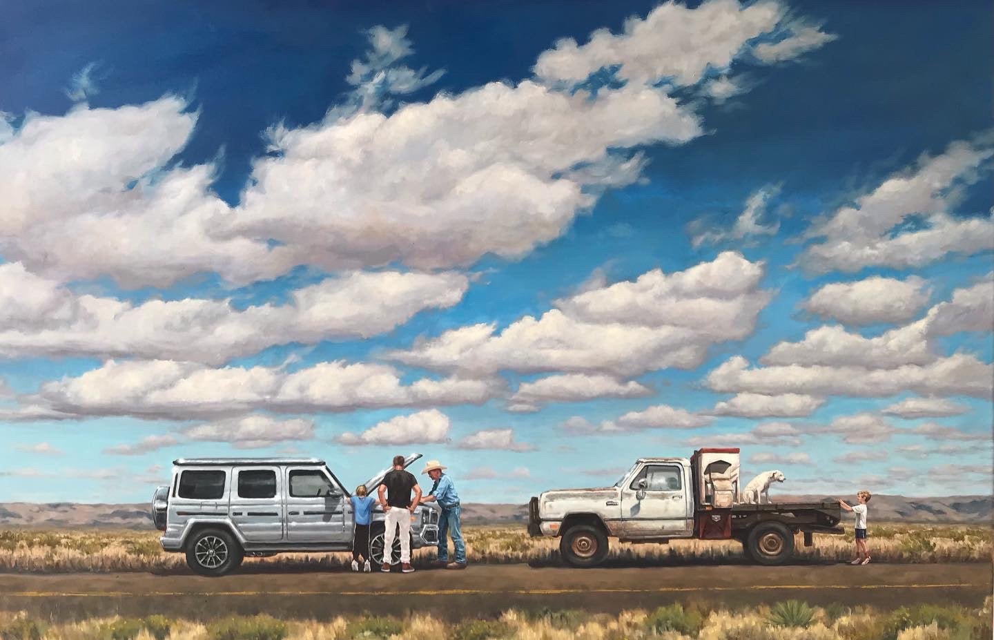 In "Cultural Exchange" by Matt Tumlinson, four people stand between two cars on a rural road as a child with a dog stands by an old pickup, all under a cloudy sky in this signed art print.