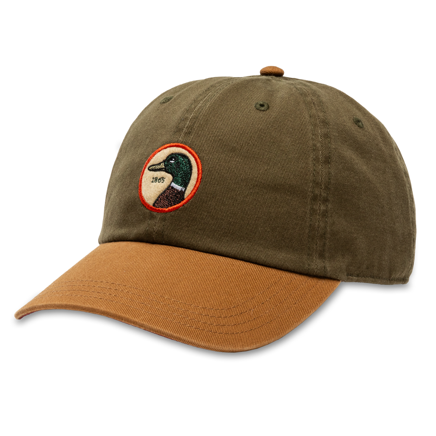 The Duck Head Dark Olive Circle Patch Twill Hat features a brown brim and a signature circular duck head patch, making it a standout accessory for everyday style.