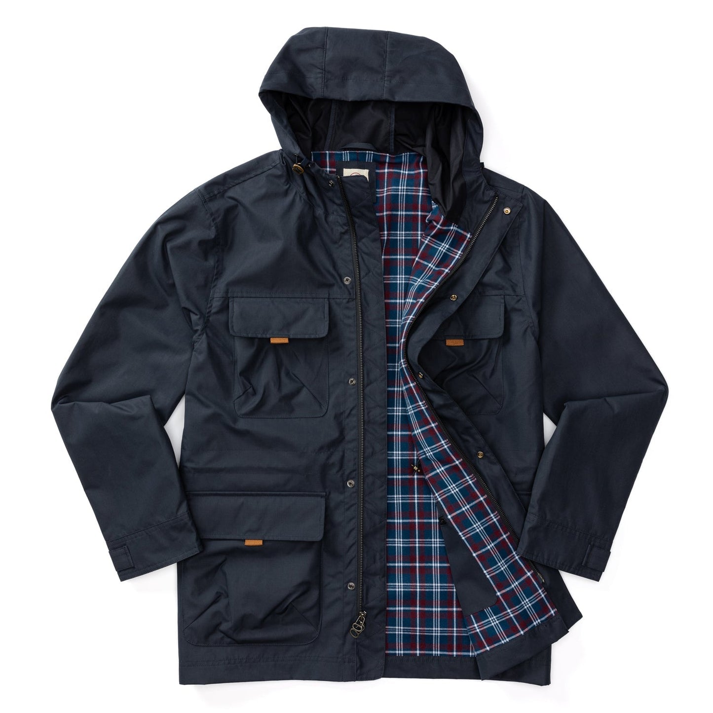 The Duck Head Davenport Weather Resistant Jacket is a navy hooded jacket with snap pockets, shown open to reveal a blue, red, and white plaid lining.
