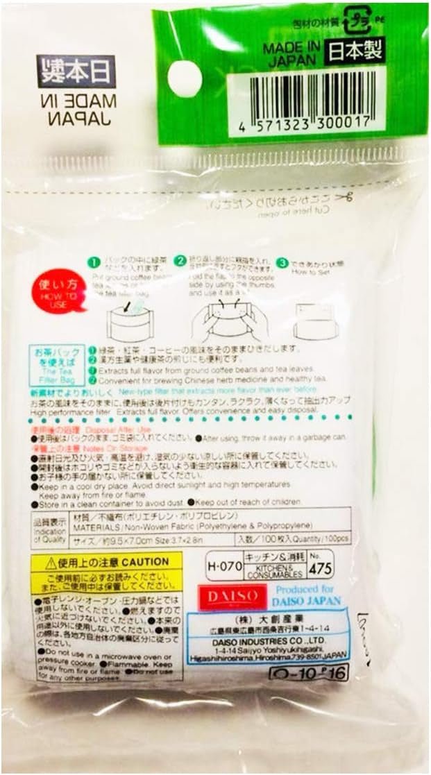 Daiso Disposable Filter Bag for loose tea—Japanese product with barcode, instructions, caution labels, and "Made in Japan" labeling; includes durable polypropylene tea filter bags.