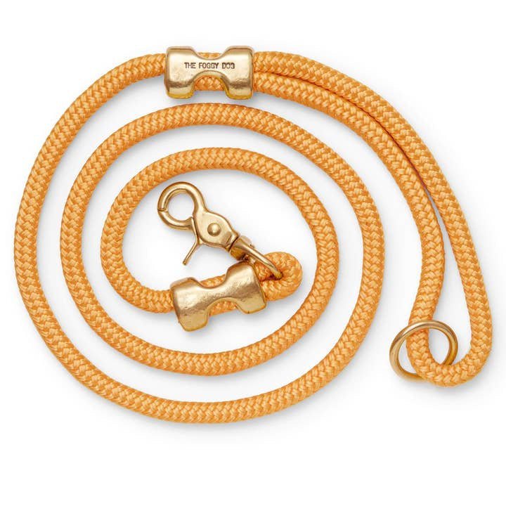 The Foggy Dog | Dog Leash in Orange Cider features double-braided marine rope, solid brass hardware, and a bone-shaped accent, shown coiled in a spiral on a white background.