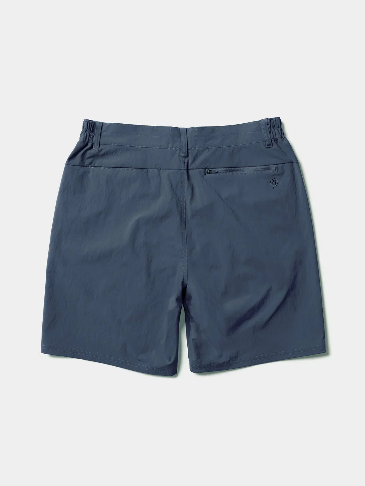 Back view of Duck Camp Drifter Shorts in blue-gray, featuring quick-dry fabric, two back pockets (one zippered), and an elastic waistband section.