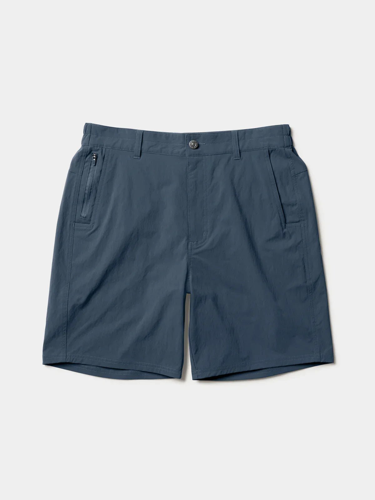 Duck Camp Drifter Shorts for men in blue-gray feature quick-dry fabric, UPF40+ protection, button and zipper closure, a left-front zip pocket, and two slanted side pockets. Shown on a plain background.