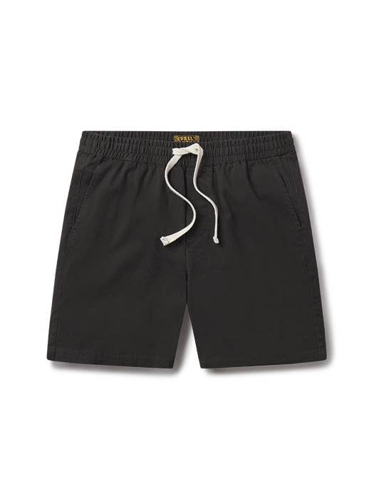 The Steel City Easy Shorts-Black feature a drawstring and elastic waistband, two side pockets, and a relaxed fit. Made from soft cotton, these shorts are shown on a white background.