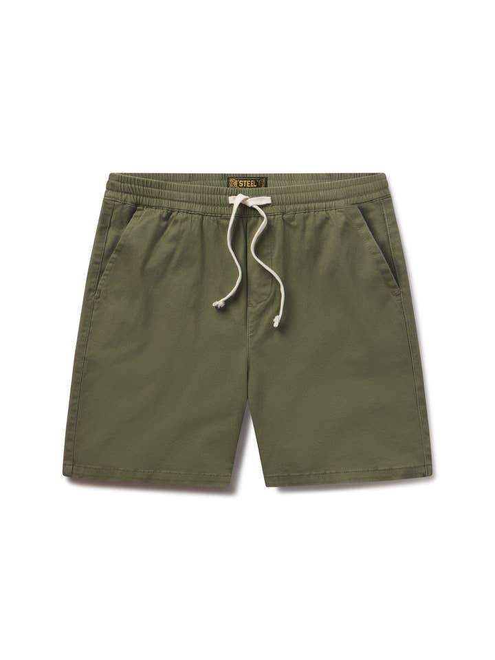Steel City’s Easy Shorts-Army in olive green feature a drawstring waist, elastic waistband, and side pockets, shown flat on a white background.
