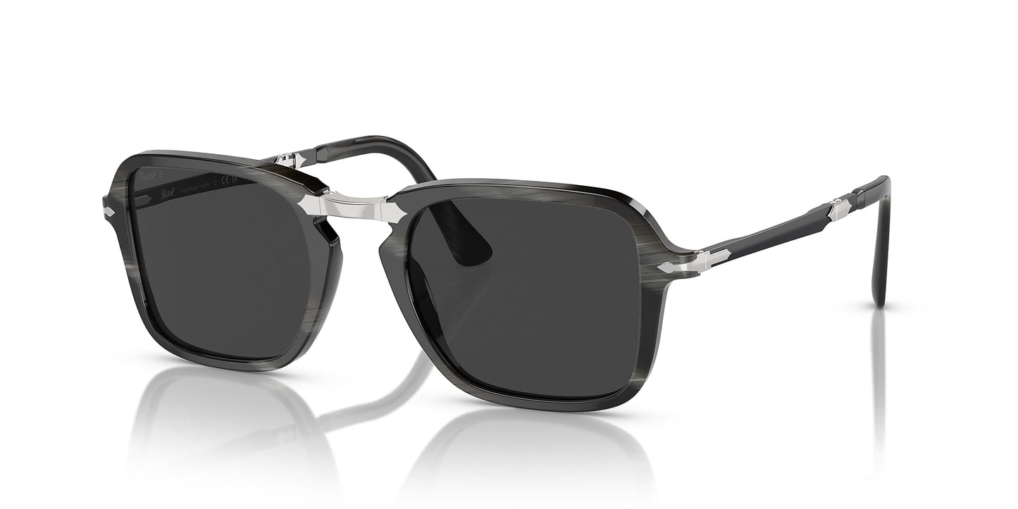 Persol Folding Black Horn w/ Polar Black | 0PO3330S sunglasses feature a black square frame, dark polarized lenses, silver metal bridge, and silver hinges, shown on a white reflective surface.