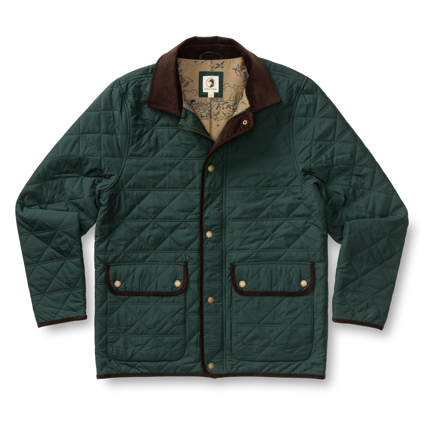 The Duck Head Fremont Lodge Performance Quilted Jacket features dark green fabric, PrimaLoft insulation, brown trim, snap buttons, two front pockets, and a patterned inner lining, shown on a white background.