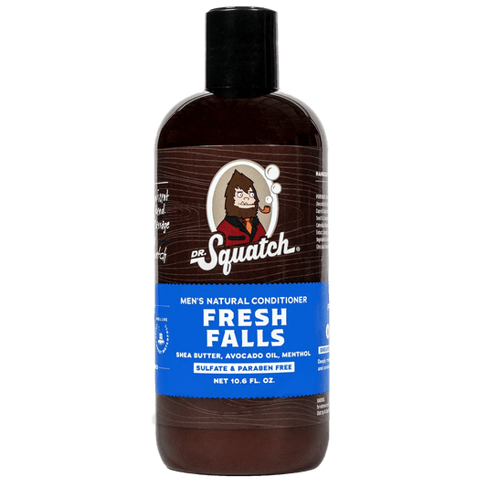 Dr.Squatch Fresh Falls Conditioner (16 fl. oz.) features a blue label and revitalizes hair with shea butter, avocado oil, and menthol for a refreshing scent.