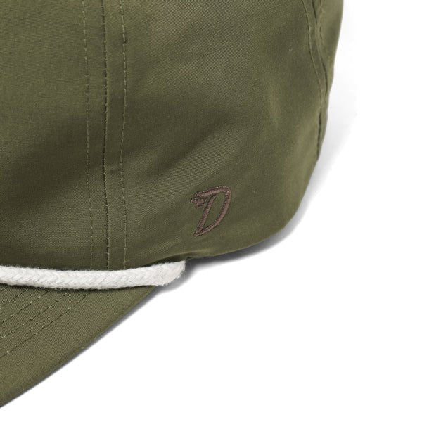 Close-up of the Duck Camp Grandpa Hat | Bass in olive green, featuring a small embroidered "D," white rope above the brim, and an adjustable snapback for a perfect fit.