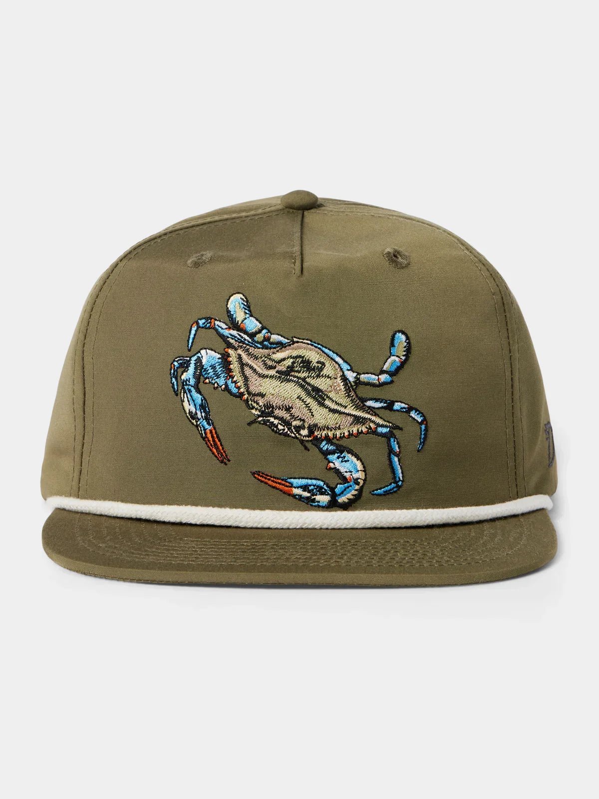 Duck Camp Grandpa Hat | Blue Crab: An olive green hat with an embroidered blue crab on the front, white rope detail above the brim, and an adjustable snapback for a perfect fit.