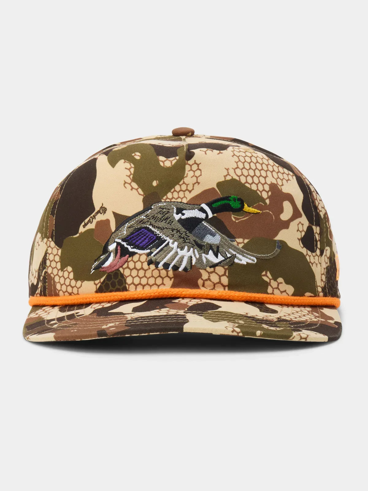 The Grandpa Hat | Mallard by Duck Camp is a camouflage adjustable hat featuring an embroidered flying duck and orange rope detail, combining comfort and style for any outdoor adventure.