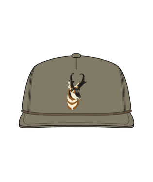 Duck Camp’s Grandpa Hat | Pronghorn features a khaki 5-panel design with an embroidered antelope head and adjustable snapback closure, shown on a plain black background.