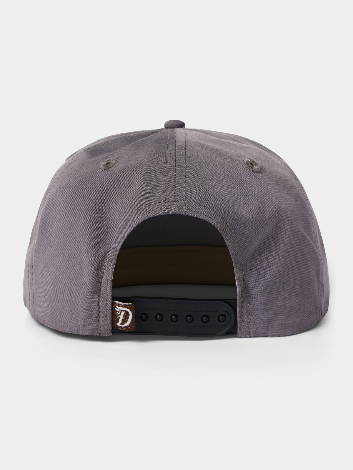 The Grandpa Hat | Trout by Duck Camp is shown from the back in gray, featuring a black adjustable snapback strap and a small logo tag on the left side.