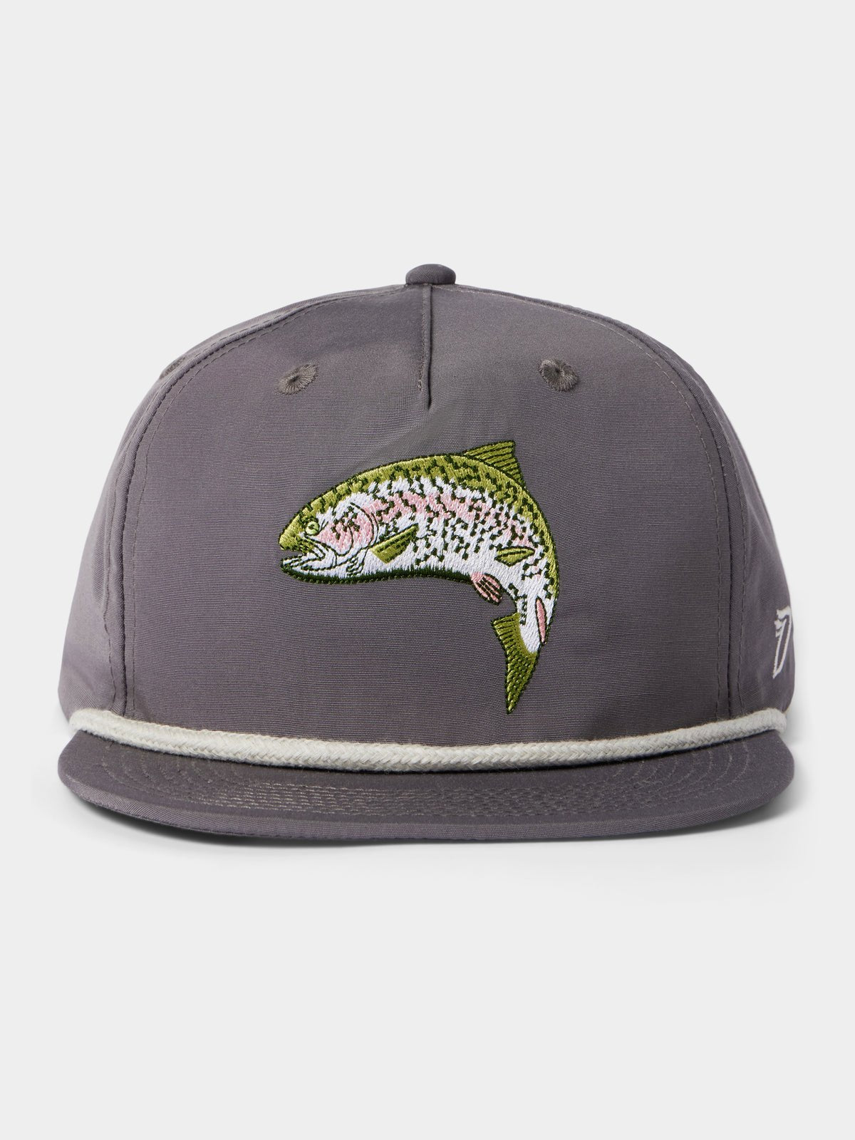 The Duck Camp Grandpa Hat | Trout features a gray flat brim, embroidered freshwater sportfish, white rope detail above the brim, and an adjustable snapback for the perfect fit.
