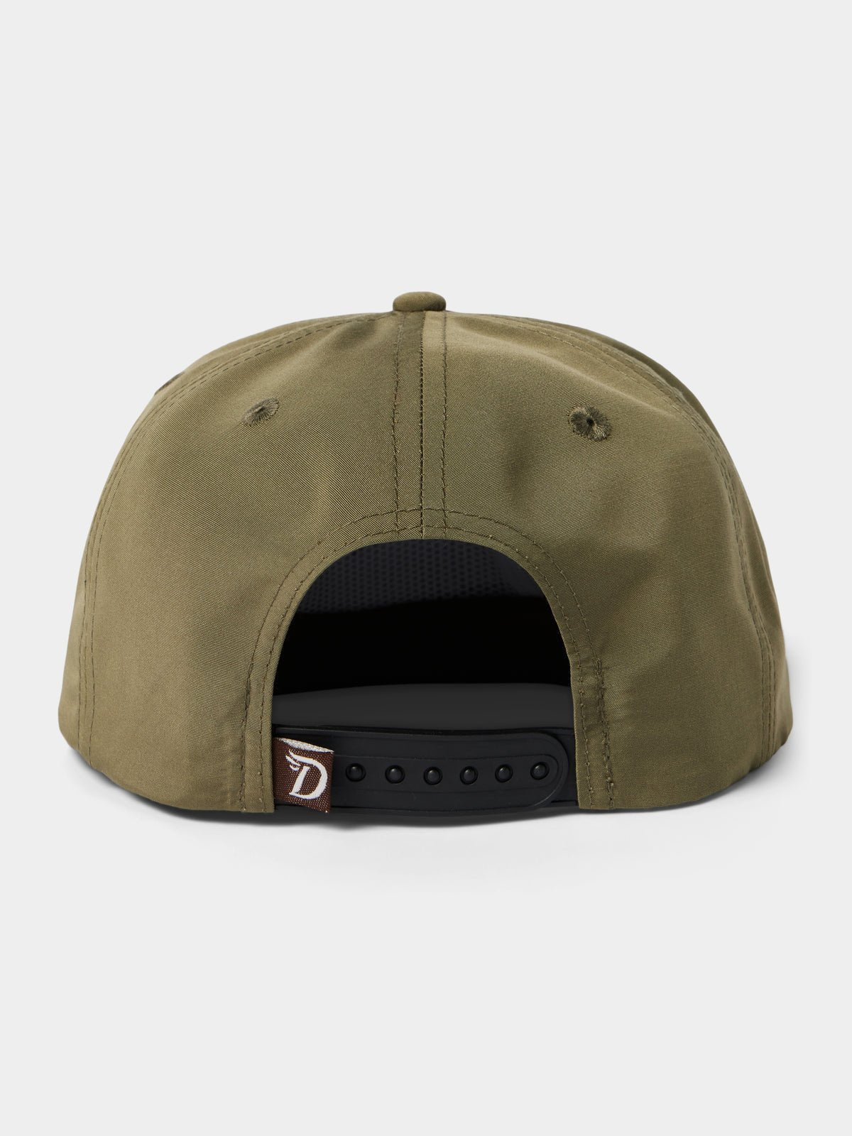 The Grandpa Hat | Turkey by Duck Camp is an olive green adjustable snapback, seen from the back, with a black snap closure and a small brown tag featuring a white "D" logo—ideal for fans of embroidered turkey hat styles.
