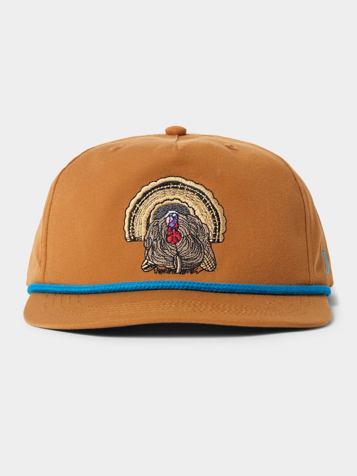 The Duck Camp Grandpa Hat | Turkey features brown fabric, blue trim, an adjustable snapback, and a detailed embroidered turkey on the front.