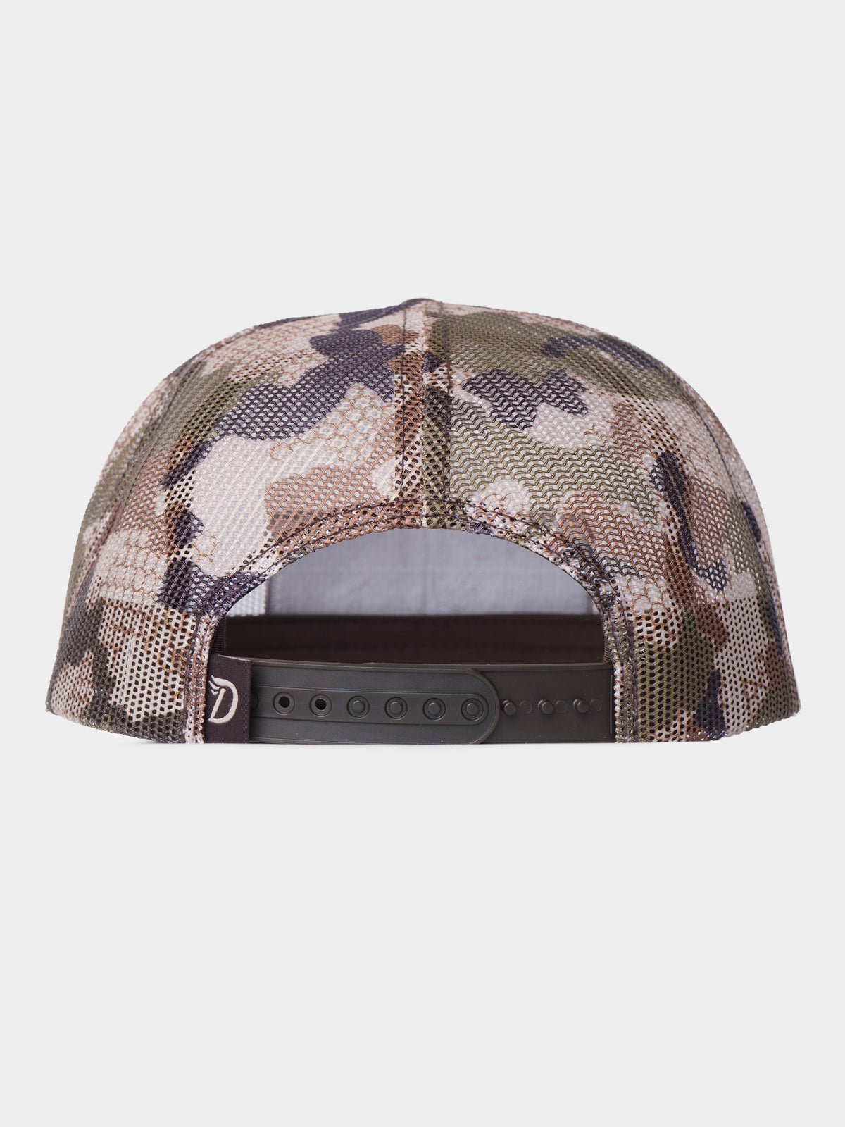 Back view of the Duck Camp Gulf Trucker mesh camo cap in Wetland, featuring an adjustable snapback closure for breathability.