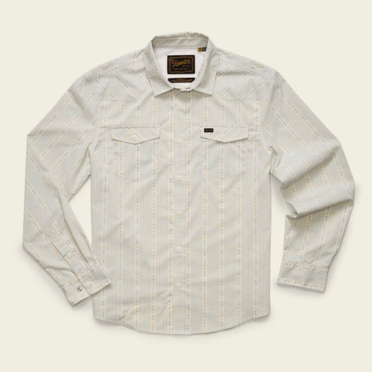 The Howler Brothers H Bar Tech Long Sleeve in Mosquero Stripe features subtle vertical stripes, two buttoned chest pockets, and is made from stretch nylon-poly for comfort and flexibility. Shown on a flat, neutral background.