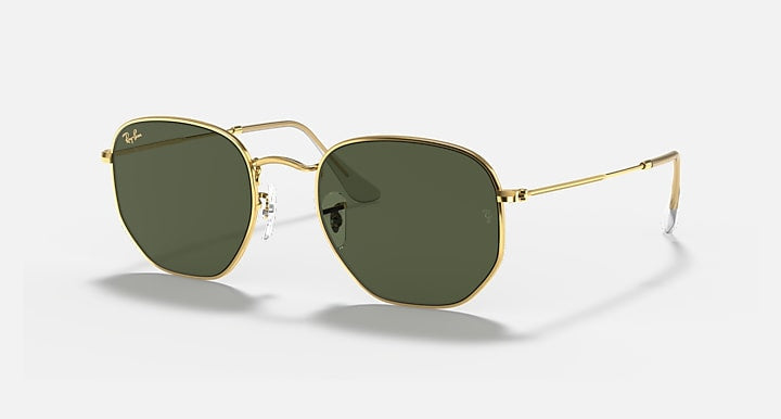 Ray-Ban 3548 Hexagonal Flat Arista sunglasses with gold frames, green crystal lenses, thin metal arms, and nose pads. Inspired by the classic RB 3548N style and shown on a plain background.