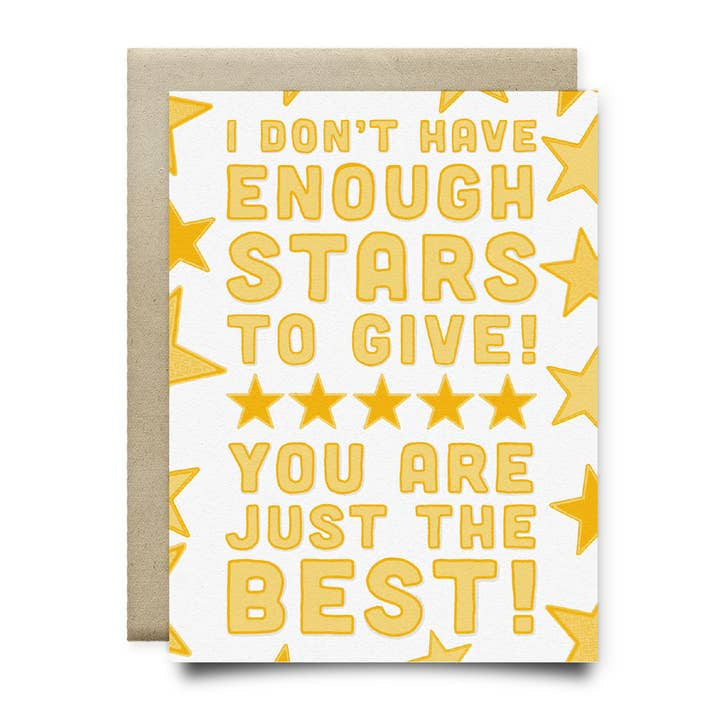 The "I Don't Have Enough Stars To Give" A2 blank card by Anvil Cards features hand-drawn yellow text and five stars on sustainable linen paper. Message: "You are just the best!" Envelope included.