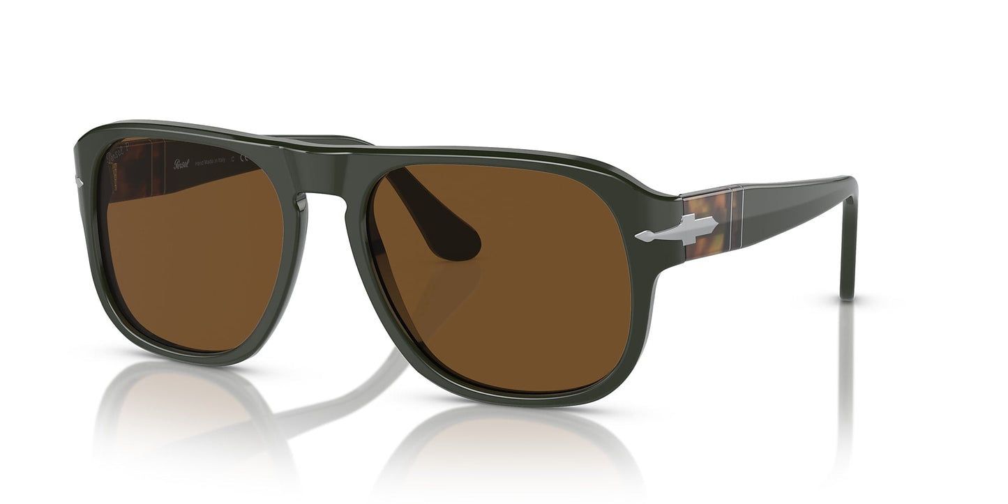Persol Jean Matte Dark Green pilot sunglasses, model 0PO3310S, feature polar brown lenses and a signature silver arrow on the temples, shown against a white background.