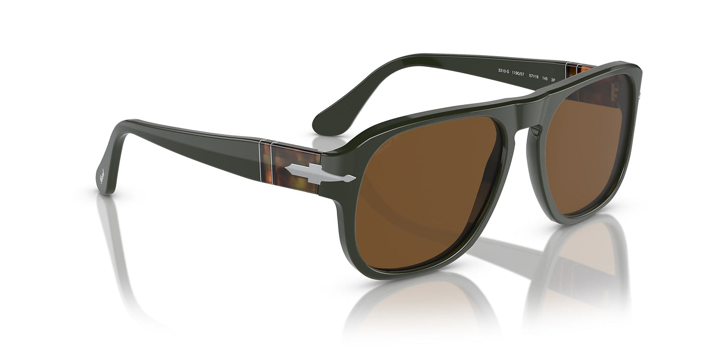 The Persol 0PO3310S Jean Matte Dark Green sunglasses feature a pilot shape, polar brown lenses, metallic emblem on the temples, and a reflective underside.